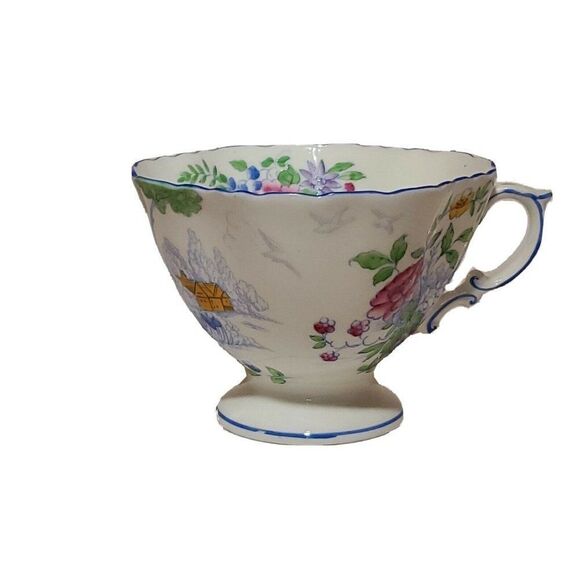 HAMMERSLEY TEA CUP AND SAUCER SET Country Cabin Scene Vintage Blue Trim Floral - Picture 6 of 9